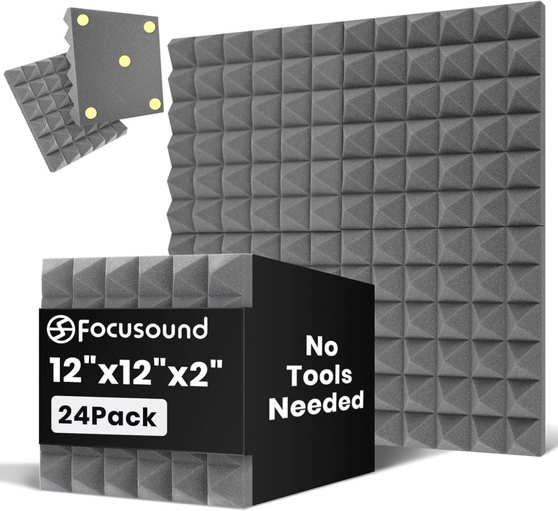 Focusound Grey Acoustic Panels 24 Pack 2"x12"x12" with 120 PCS Double-Side Adhesive - Sound Proof Pyramid Foam for Walls, Home Studio Noise Absorption & Echo Control Kit - Image 1